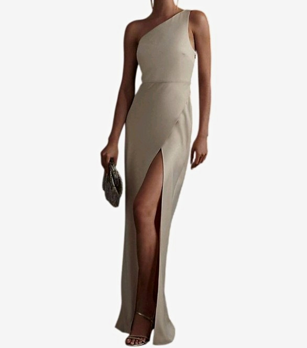 BHLDN Ivory One Shoulder Sheath Dress Side Slit Formal Wedding Sz 12